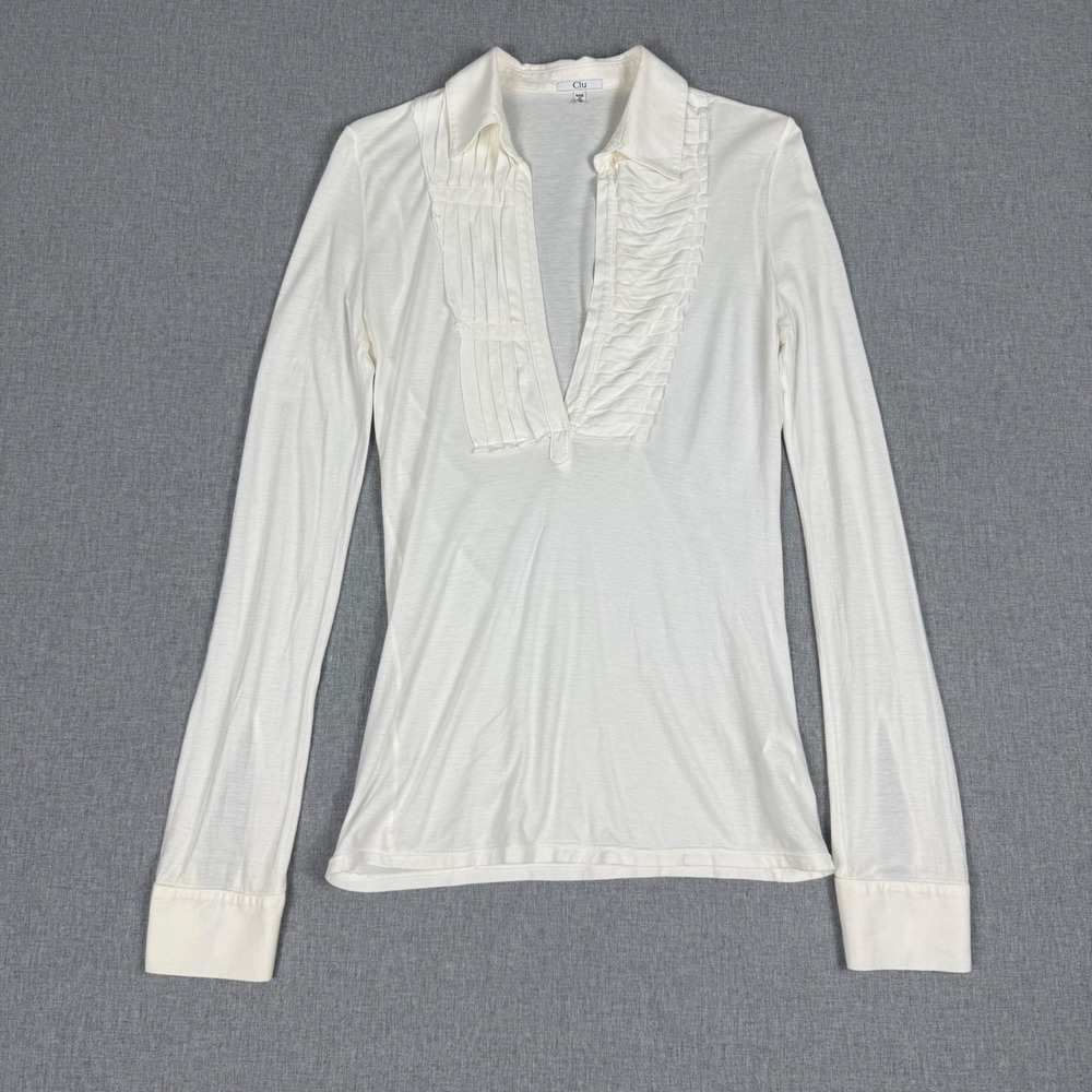 Clu Off White Long Sleeve Pleated V-Neck Top Size Small Tuxedo Bib Cotton